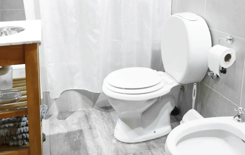 Baño con bacha integrada, bañera, inodoro y bidet correspondiente a la Casa 1